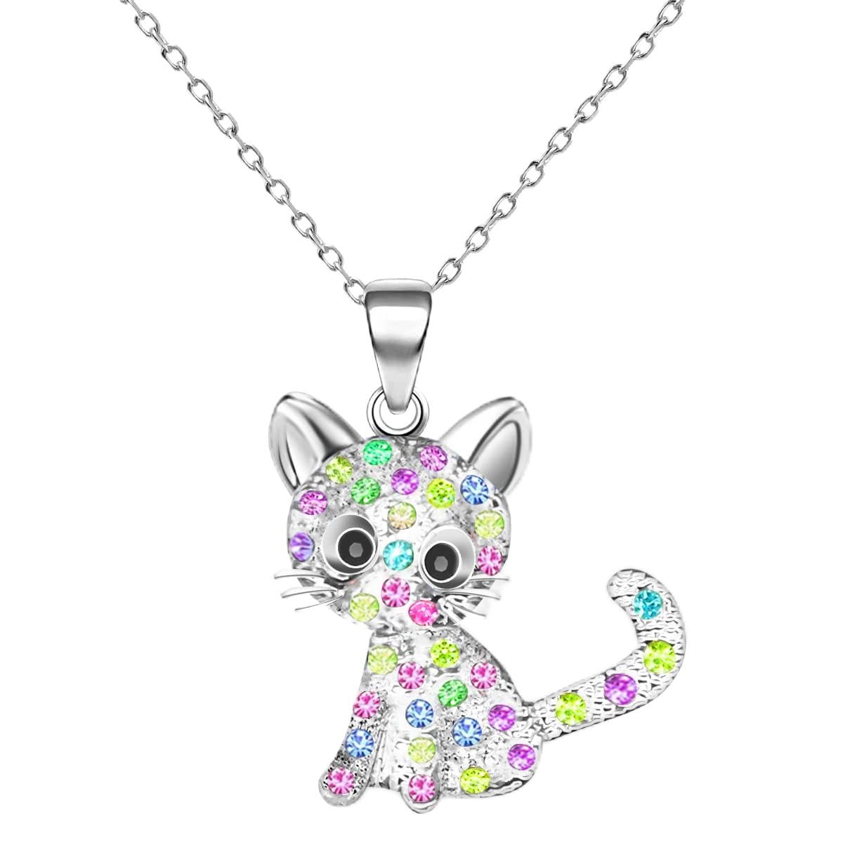 Cat Pendant Necklace for Girls Kids,Small Cute Kitty Rainbow Rhinestone Pendant Necklace Jewelry for Women Teen Girls 10-12,Crystal Choker Friendship Daughter Loved Gifts 18+2 inch Long Chain