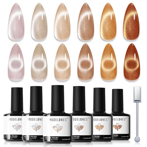 modelones Cat Eye Gel Nail Polish Set 6 Colors Neutral Nude Brown Gold Caramel Khaki Glassy 9D Cateye Glitter Gel Polish kit All Skin Tones with Magnet Soak Off LED Nail Art Starter Kit DIY Gift