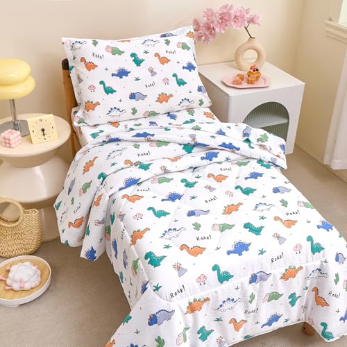 Image of Caressma Toddler Bedding Set Dinosaur Pattern Nursery Comforter for Kids | Cartoon Print 4 Pieces Toddler Bed In A Bag, White Bed Set With Comforter, Fitted Sheet, Flat Sheet & Pillowsham