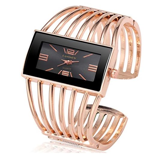 Women Luxury Cuff Bracelet Rectangular Dial Hollow Analog Quartz Wrist Watch for Ladies (Rose Gold)