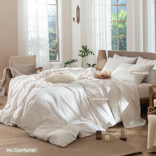 Image of MooMee Striped Duvet Cover Set 100% Washed Cotton Linen Like Oversized Full | Relaxed Linen-like Texture. Soft, Breathable & Long-lasting Comfort. Lightweight. Hidden Zipper with 8 Interior Corner Ties