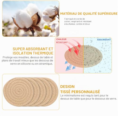 YYGMSS Lot de 6 dessous de verre absorbants en coton tissé pour décoration de salle à manger, pendaison de crémaillère pour boissons chaudes et froides – vue 3