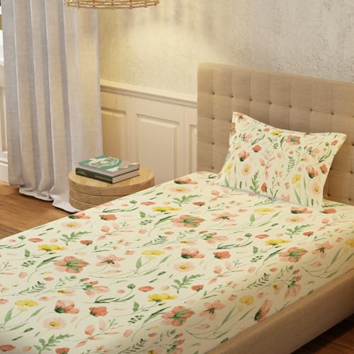 Image of Urban Space Serene 200 TC 100% Cotton Bedsheet for Single Bed with 1 Pillow Cover, Single Bedsheet Floral(Meadows Buttercream, Size 58 X 90 Inches)