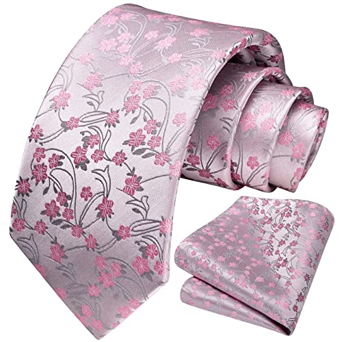 Image of HISDERN Men Floral Ties Woven Classic 3.4 inch Necktie Set Formal Tie Pocket Square for Wedding with Handkerchief Gift Box