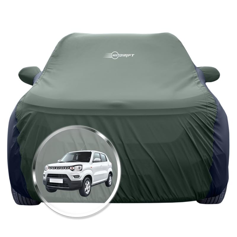 Image of NEODRIFT 'SuperTech' Car Cover for Maruti Suzuki S-Presso (100% Water-Resistant, All Weather Protection, Tailored Fit, Multi-Layered & Breathable Fabric) (Colour: L.Green+Black)