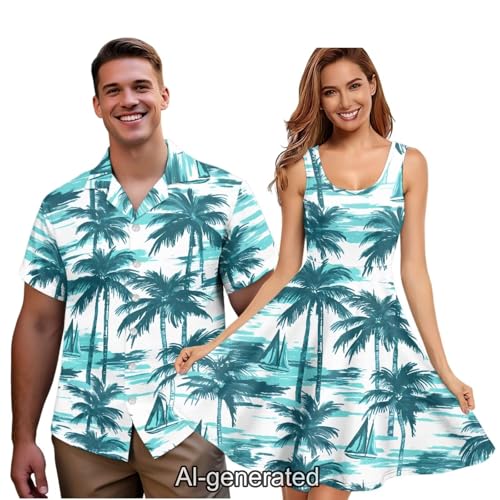 Image of Dreaweet Summer Dresses for Women A-Line Sleeveless Flowy Sun Dresses,Men's Casual Button-Down Shirts,Couple Matching Outfits