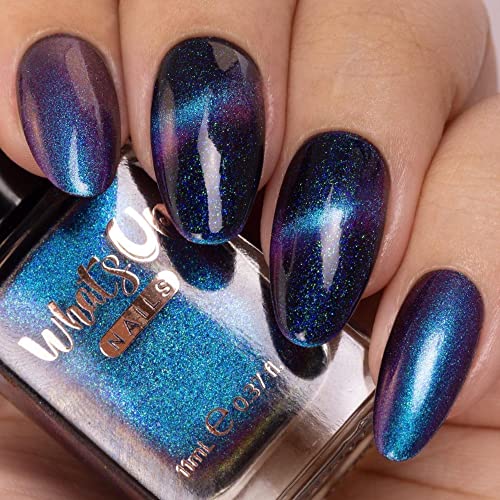 Whats Up Nails - Night Contrails Magnetic Nail Polish Dark Blue Base W/Teal-Purple Cat Eye Effect, Green-Blue Iridescent Duochrome Shimmer Lacquer Varnish Made In Usa 12 Free Cruelty Free Vegan Clean #TOP3
