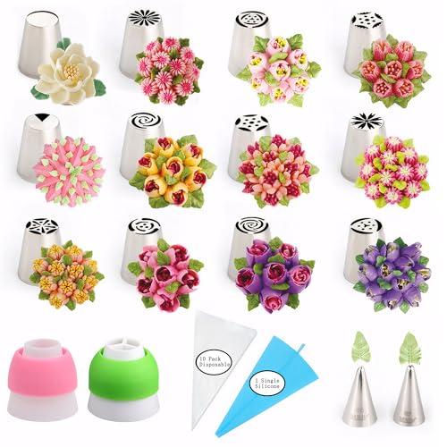 Russian Piping Tips Set: Stainless Steel Cake Decorating Tips, 27 Pcs Baking Piping Bags and Tips Set, 12 Flower Frosting Tips 2 Leaf Piping Tip 10 Pastry Bags 2 Couplers 1 Reusable Silicone Bag