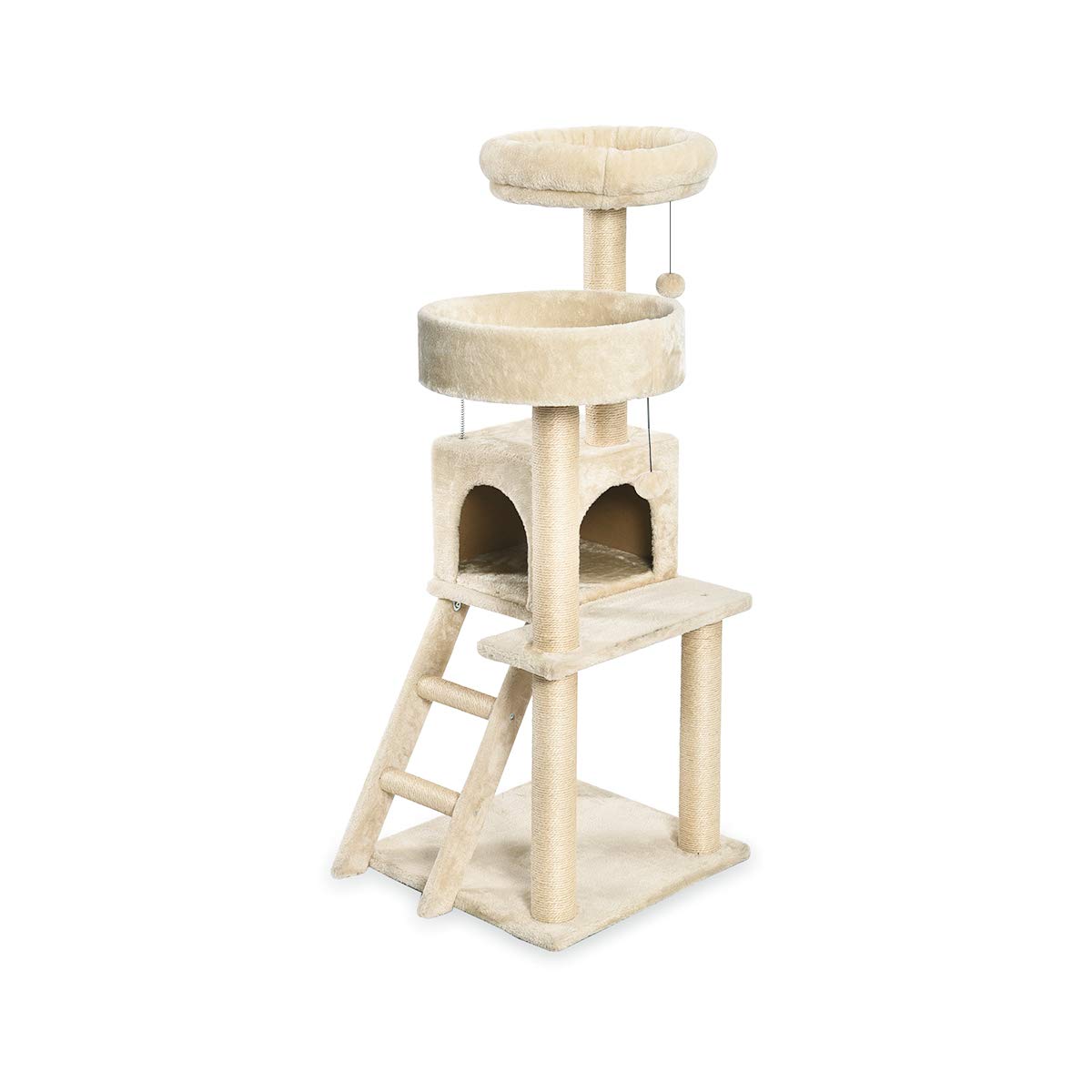 Amazon Basics, Tiragraffi per Gatti, Grande, con due Piattaforme e Casetta, Altezza 127 cm, a Più Livelli, Beige