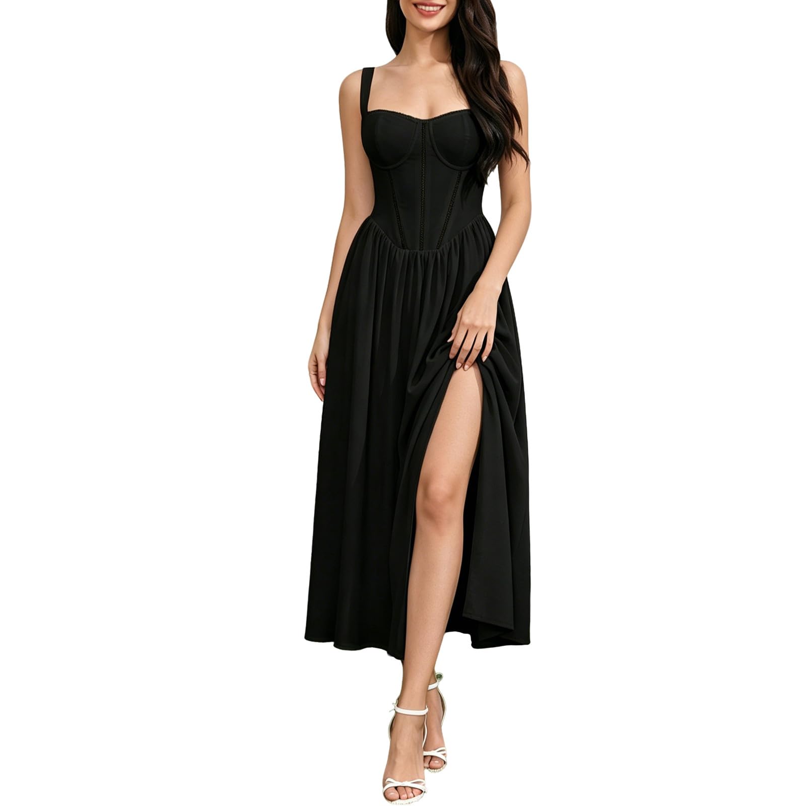 Damen Abendkleid Lang Elegant Kleid mit Schlitz und Rückenausschnitt Sexy Trägerkleid Festlich Maxikleid Hohem Beinschlitz und Verstellbaren Spaghettiträgern