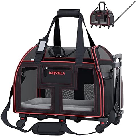 Airline Compliant Pet Carrier - Rolling Portable Travel Carry Crate for Small Dog Puppy or Cat - Soft Removable Wheeled Design with Mesh Window Sides - Airplane and TSA Compliant- by Katziela Cover