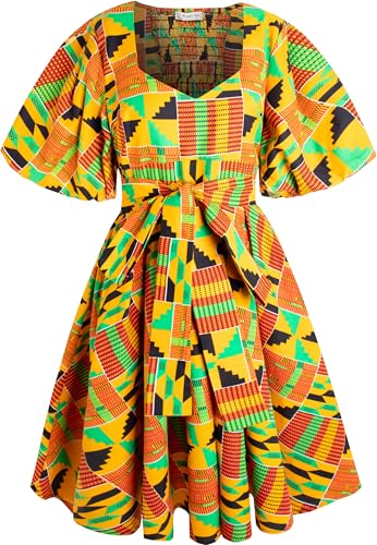 HongyuAmy Women's African Print Dress Ankara Wax Dresses Lantern Sleeves(Large,Color F)
