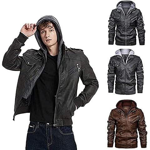 PYFAW Men’s Casual Stand Collar Leather Zip-Up Motorcycle Jacket, Faux Leather Bomber Jacket, Vintage Warm Winter Coat With Removable Hood (4XL, Red) Cover