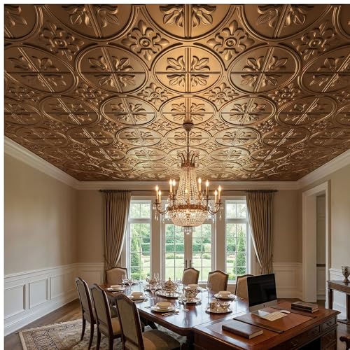Image of Kayra Decor PVC Ceiling Panel 60x60 cm|Ornamental Floral Panel|Metallic Coffee|12 Tiles Cover 48 Sq Ft| Modern False Ceiling|Royal & Elegant Finish