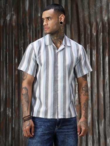 Image of High Star Men Strip Cotton Relaxed Fit Collar Short Sleeve Shirts 36