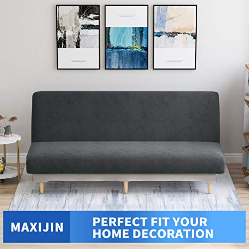 MAXIJIN Velvet Futon Cover Stretch Futon Slip Cover Full Size Futon Mattress Cover Armless Sofa Bed Plush Futon Couch Cover with Elastic Bottom (Futon, Gray)