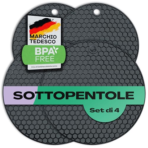 Sottopentola Silicone 4 Pezzi - resistente al calore fino a 230C° - Rispettoso dell'alimentazione - Sotto Pentola da Cucina - Proteggi Pentole - Protezione piano induzione - Tappentini - Salvapentole