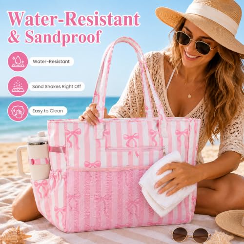 Image of LEDAOU Beach Bag Waterproof Sandproof Women Beach Tote Pool Bag with Zipper for Swim Gym Grocery Travel with Wet Pocket | Sandproof
