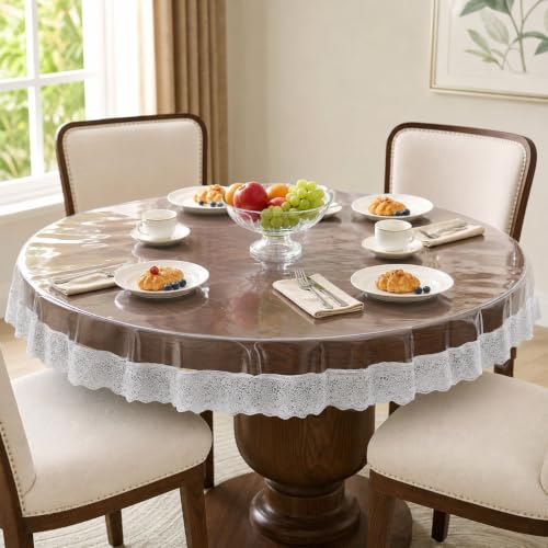 Image of CASA-NEST PVC Waterproof 4 Seater Round Table Cover with Lace (60inch, White,PVC, Pack of 1)