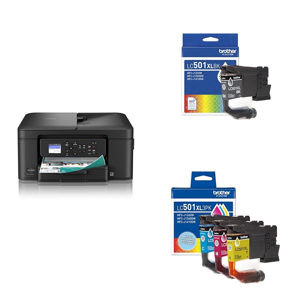 Bundle of Brother Work Smart 1360 Wireless Color Inkjet All-in-One Printer (MFC-J1360DW) + Brother Genuine LC501XLBK High Yield Black Ink Cartridge & LC501XL3PK 3-Pack High Yield Color Ink Cartridges Current Model: MFCJ1360DW + High Yield Inks New