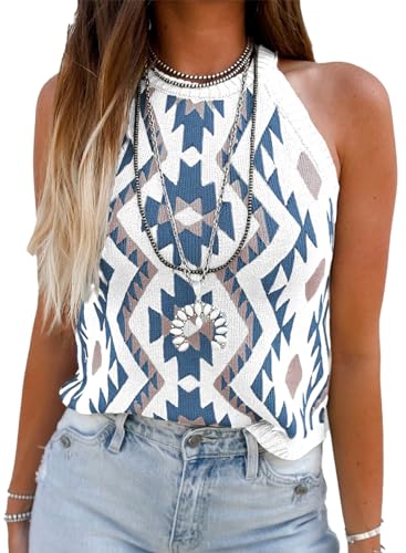 Image of MARZXIN Women Sleeveless Sweater Tank Round Neck Casual Aztec Geometric Knit Sweater Top