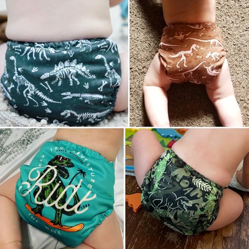 Mama Koala 3.0 Pocket Cloth Diapers for Babies with AWJ Lining, 6 Pack with 6 5-Layer Natural Cloth Diaper Inserts - Reusable and Washable Pocket Diapers(A-It's Dinosaurs)