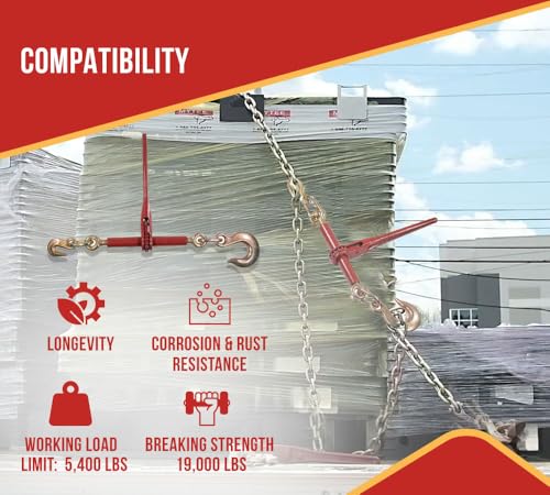 Image of Mytee Products (2 Pack) 5 /16 inch- 3 /8 inch Heavy Duty Ratchet Chain Binder w / 3 /8 inch Grab Hook & 1 /2 inch Slip Hook, 5,400 Lbs WLL - Tie Down Hauling Load Binders for Flatbed Trailers