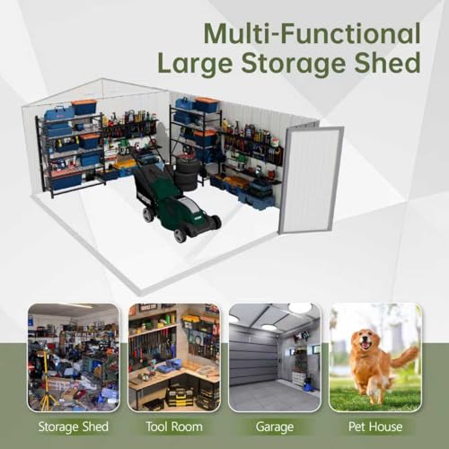 Image of Devoko 10x14 FT Outdoor Storage Shed, Large Metal Storage Sheds with Lockable Door, Utility Garden Tool Shed with Sloping Roof, Outside Steel Storage Sheds for Patio Lawn Backyard, Gray