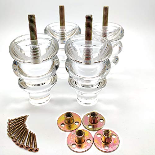 Acrylic Furniture Feet, Cabinet Feet Legs,Gourd Shape Sofa Legs,4" Cabinet Furniture Legs,with 5/16 Hanger Bolt & T-Nut,Clear Transparent,Set of 4 Gourd,3.49"