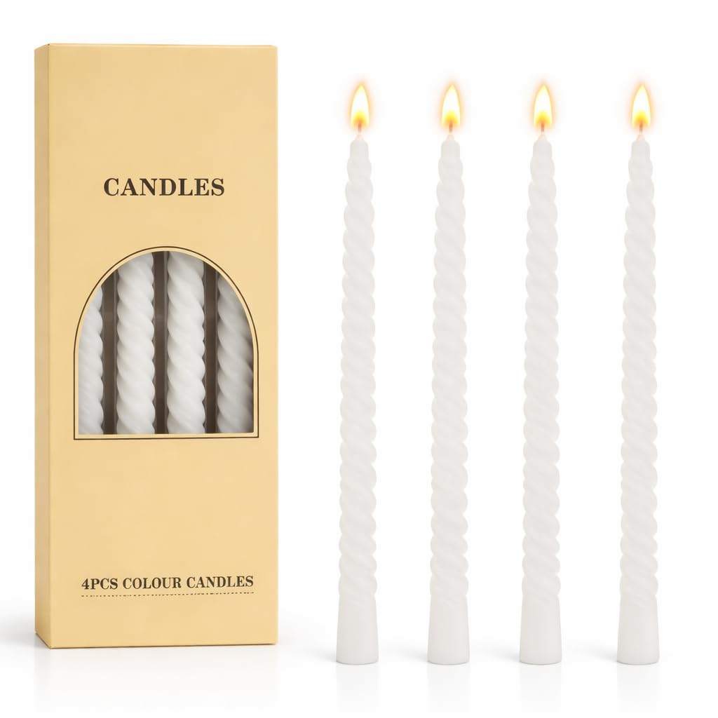 Morandi Pure White Twisted Long Stem Candle Set - Elegant Spiral Non-Drip Design, 4-7 Hours Burn Time, for Weddings, Christmas, Halloween, Birthday Parties and Dinner Table Decor