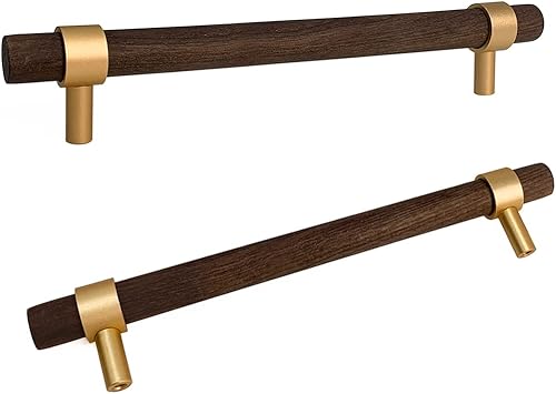 Jililil Paquete de 4 manijas de madera para cajones, tiradores de gabinete de nogal, distancia de agujero de 9 pulgadas con tornillo, diseño de