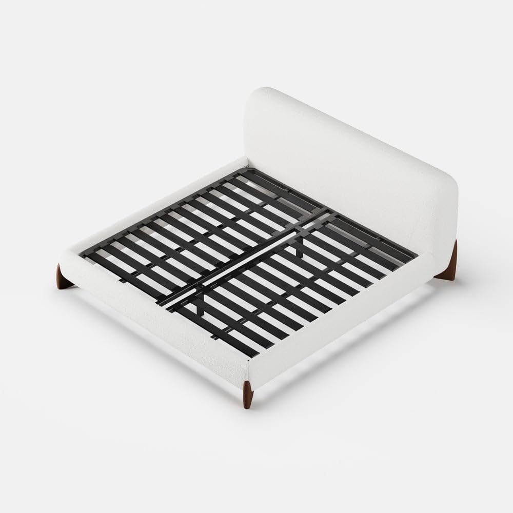 homary Modern Queen Size Bed Frame, White Bouclé Upholstered Bed Frame with Solid Wood Support, Curved Upholstered Headboard, Platform Bed for Kids Teens Adults Bedroom No Box Spring Needed White Queen (U.S. Standard)