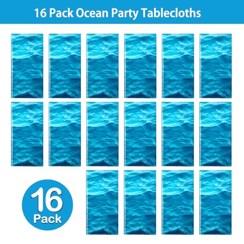 Image of Irenare 16 Pieces Ocean Plastic Tablecloth 54 x 108 Inch Blue | Water Waves Print, Disposable Table Cover for Under the Sea Theme Decoration Beach Pool Party, Birthday Baby Shower Supplies