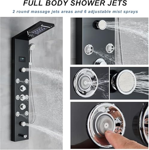 Image of B Backline Stainless Steel 304 Shower Panel 6-in-1 Thermostatic LED Rainfall Shower System - Hot & Cold Water | Handheld Shower | Body Massage Jets | Waterfall Spout Bathroom (Black)