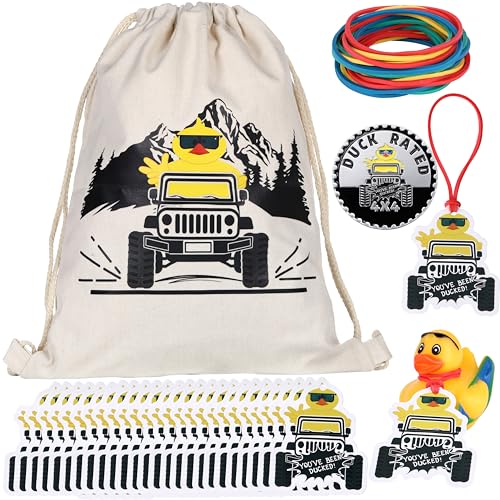 YAROMO Ducking Drawstring Duck Bag with Duck Rated Car Emblem Duck Ducking Tags Rubber Bands - Great Gift for Jeep SUV Wrangler Vehicles Trucks RV- 15.7