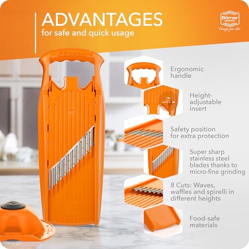 Image of Borner PowerLine Wave Waffle Cutter + Fruit Holder (Set of 2) Vegetable Cutter for Wave & Waffle Cut Slicer for Grid Potatoes & Fries Wave Slicer Colour: Orange