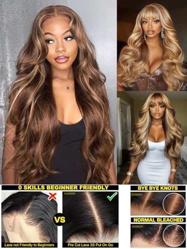 Image of Sunber Honey Blonde Highlight Loose Body Wave Glueless Human Hair Wigs 20 inch | Curtain Bangs Bye Bye Knots Pre Cut 7x5 Lace Frontal Wig with Drawstring 3S Pull On and Go Pre Bleached 150% Density