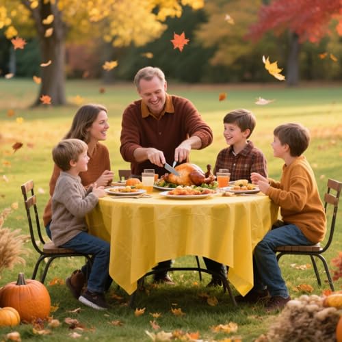 Image of CIEOVO 12 Pack Fall Plastic Tablecloth, Autumn Color Disposable Waterproof Round Tablecloth for Fall in Love Wedding Thanksgiving Harvest Family Birthday Baby Shower Party Decoration