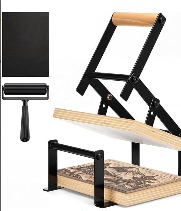 Linocut Hand Lever Press Machine, A5 Black Printing Press with Rollers & Felt Pads, Complete Linoleum Block Printmaking Tools Kit for Woodblock Lino Cuts