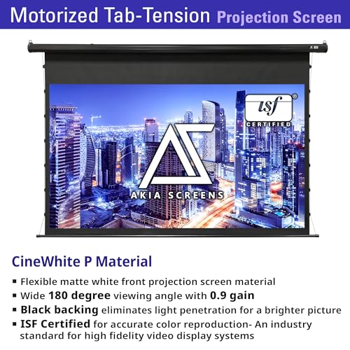 Image of Akia Screens 105 inch Motorized Tab Tension Projector Screen, 16:9 Retractable Projection Screen, UST, Short & Standard Throw Compatible, 4K Indoor Home Theater Screen, Black Case, AK-ELT105H