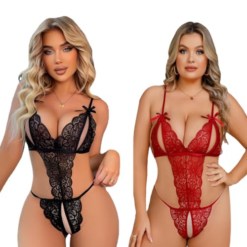 WMUVAZA Damen Einteiliger Body Dessous Babydoll Bodysuit Tiefem V-Ausschnitt Lingerie, 2 Stück Damen Sexy Unterwäsche Dessous Damen für Spitze Reizwäche Dessous Transparent Negligee Erotische Bodysuit