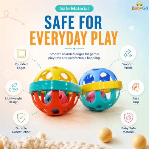 Image of BabyGo Baby Rattle Ball Toy Set for 0 to 12 Months | Newborn Baby Toys | Easy-Grip Soft Sound Sensory Rattles for Infants | Baby Shower Gift | 2 Pcs | Multicolour
