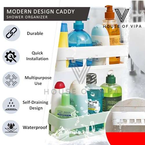 Image of House of VIPA Plastic Bathroom Shelf for Wall, Self-Adhesive Bathroom Organiser with Towel Holder, Ideal Bathroom Accessories for Efficient Space Utilisation (Bath Shelf, 2 Pack), Multicolor