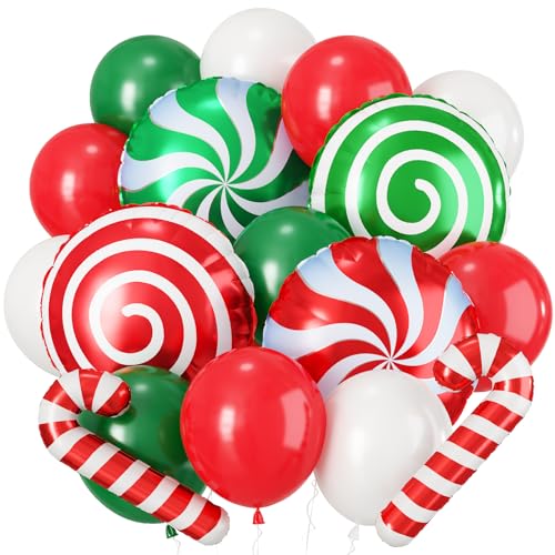 Christmas Balloons, 12 Inch Red Green White Latex Xmas Balloon with Large Candy Cane Windmill Foil Balloons
