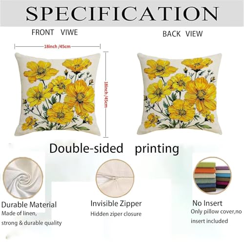 Housse coussin 65x65cm lot de 2 taie oreiller jaune lin avec fermeture eclair