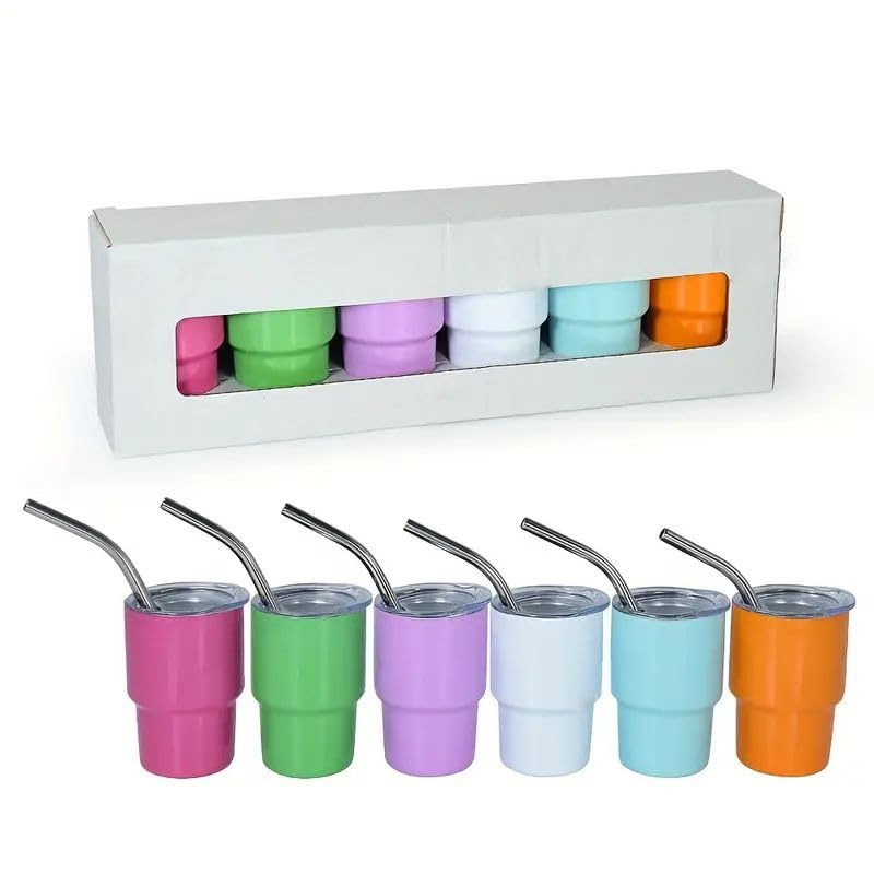 6pcs, 3oz Mini Tumblers With Straw, Metal Shot Glasses,Stainless Steel Water Bottles, Summer Winter Drinkware, For Bar, Pub, Club, Restaurant
