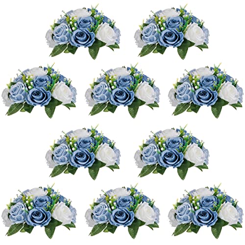 Image of NUPTIO Flower Ball Arrangement Bouquet - 10 Pcs 9.5 inch Diameter Dusty Blue Fake Flowers Roses Balls for Centerpieces Tables - Artificial Rose Arrangements for Wedding Centerpiece Table Decorations