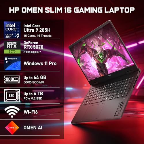 Image of HP OMEN 16 Slim RTX 5070 Gaming Laptop, Intel Ultra 9 285H, NVIDIA RTX 5070, HyperX Audio, 16 inch FHD+ Anti-Glare, 32GB DDR5, 2TB SSD, 4-Zone RGB Backlit KB, Windows 11 Pro, Bundle Laptop Cooler