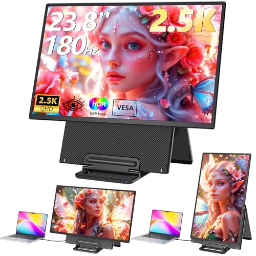 Image of 23.8 inch Large Portable Monitor, 2.5K QHD 180Hz Laptop Screen Extender, 150% RGB 178 IPS, Speakers & USB Hub for Office /Gaming with Kickstand, Travel Monitor for Laptop /PC /Mac /Xbox, VESA USB-C & HDMI