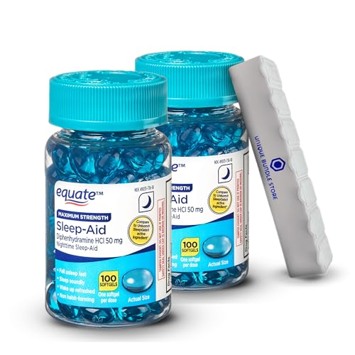 Unique Bundle Store Equate, Diphenhydramine 50mg, Softgels 100 Count Maximum Strength Diphenhydramine HCl Sleep-Aid Softgels + 7 Day Pill Organizer Included (Pack of 2)